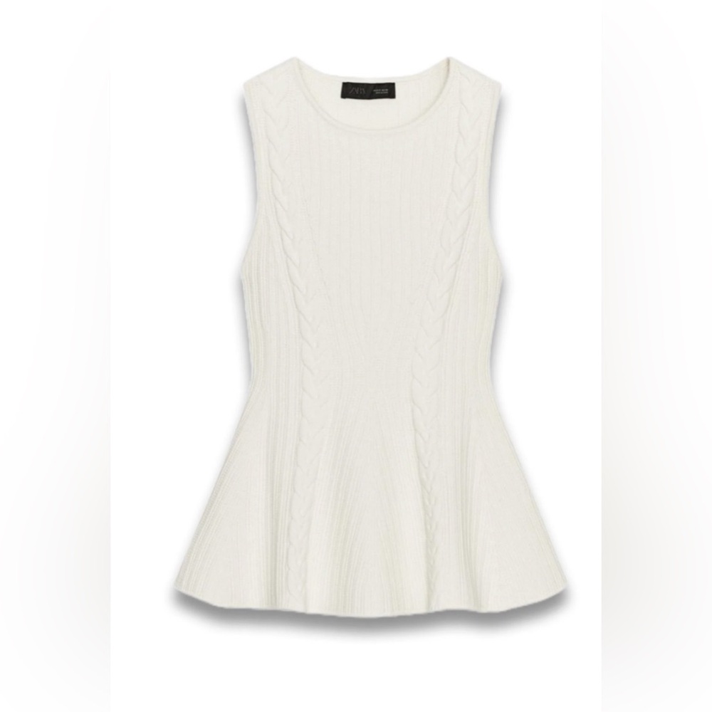 Zara White Knit Structured Peplum Tank Top